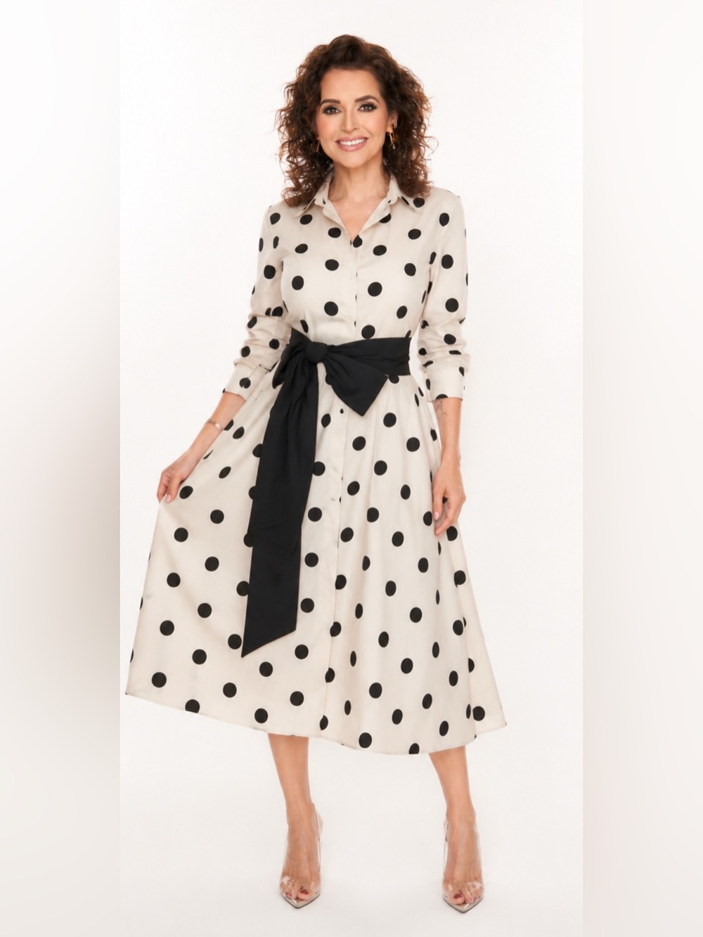 Carolina Herrera Dress size 4 Polka Dot Shirt Dress with Black Waist Tie